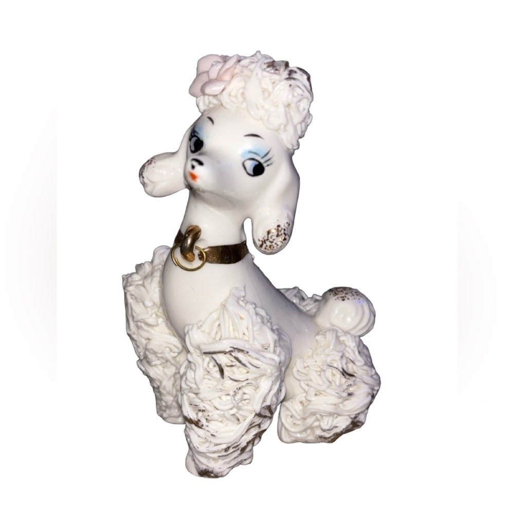 Vintage 50's White Spaghetti Poodle Dog Figurine Gold Trim Pink Rose 5”H